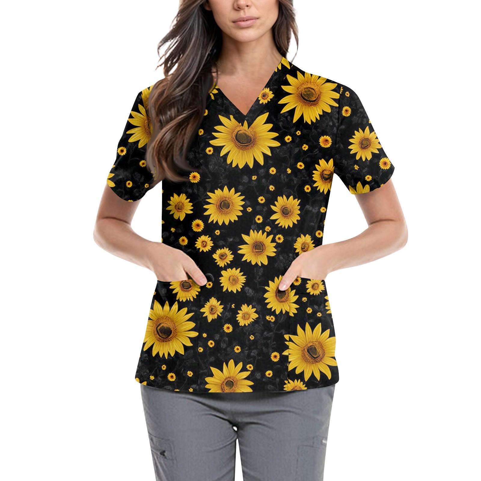 

Женская симпатичная принтованная рабочая одежда с V-образным вырезом, двухслойными карманами, базовым коротким рукавом, пуловером ко Дню святого Валентина XL жёлтый