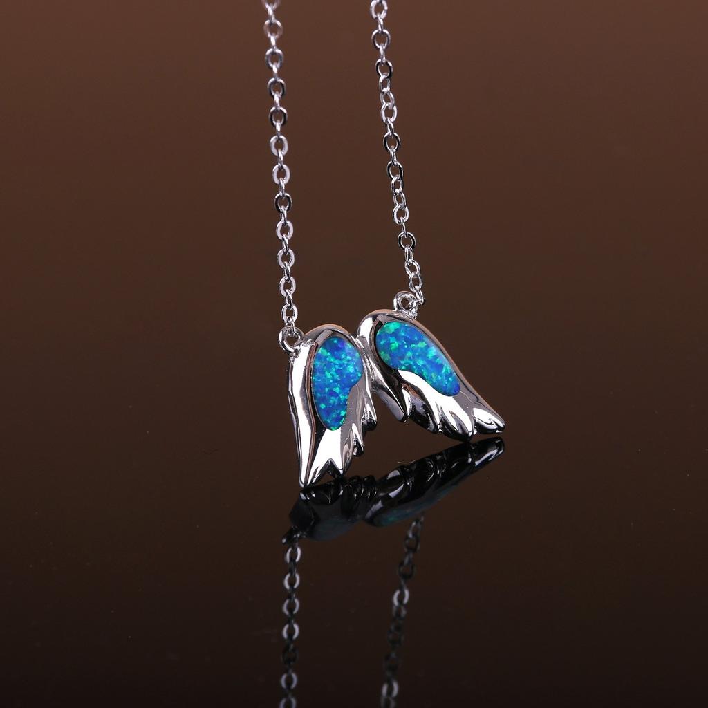 KELITCH Initial Choker Necklace, Synthetic Opal Extendable Angel Wing Necklace (Blue)