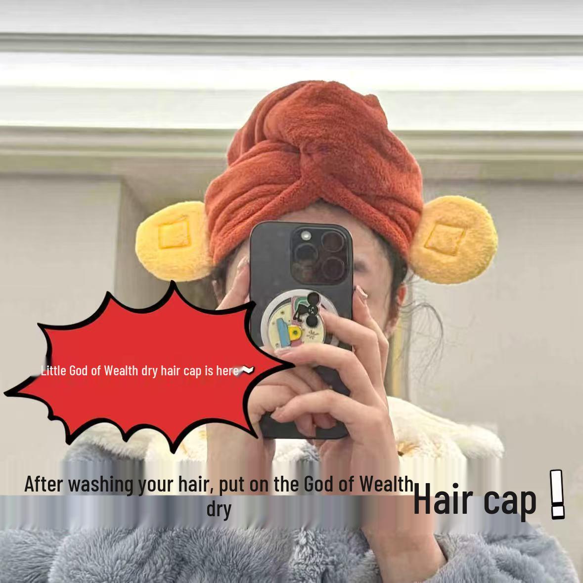 Cute Cartoon God of Wealth Quick-Drying Hair Cap - Absorbent, Thickened Shower & Headscarf Pullover Cap Hair Drying Cap