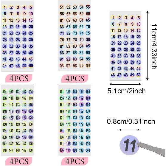 16 Sheets Round Clear Number Stickers 1-200 - Sparkling Self Adhesive Labels for Organizing Storage B & Boxes