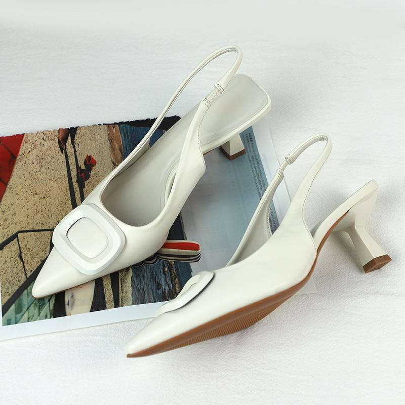 Fashion Chic White Point Toe Slingback Heels Women Summer Sandals 2025 Fashion Designer Brand Square Buckle Lady Shoes Mid Heel Elegant