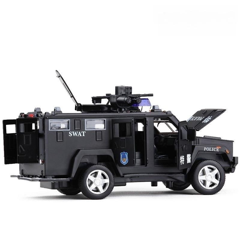 1:32er Maßstab Polizei SWAT Anti-Entführungs-LKW Legierungsmodellauto mit Rückzugmechanismus und Blinklichtern für Kleinkinder.