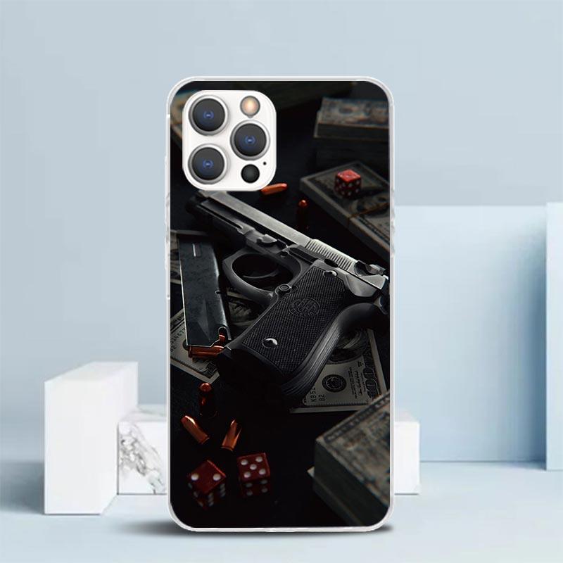Gun Bullets AK47 Handgun Soft Cover for iPhone 16 17 Air 15 14 Pro Max 16E Phone Case 13 Mini 12 11 7 SE 8 Print Pattern Fit Cas