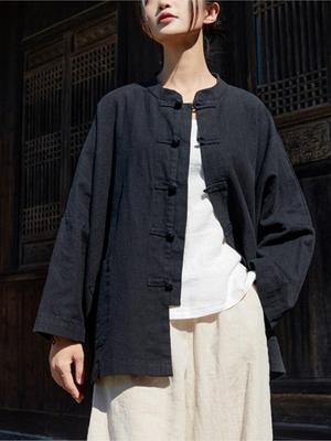 Mulheres estilo chinês manga morcego jaquetas botão cor sólida vintage casacos de linho bolsos suporte outono feminino jaquetas soltas