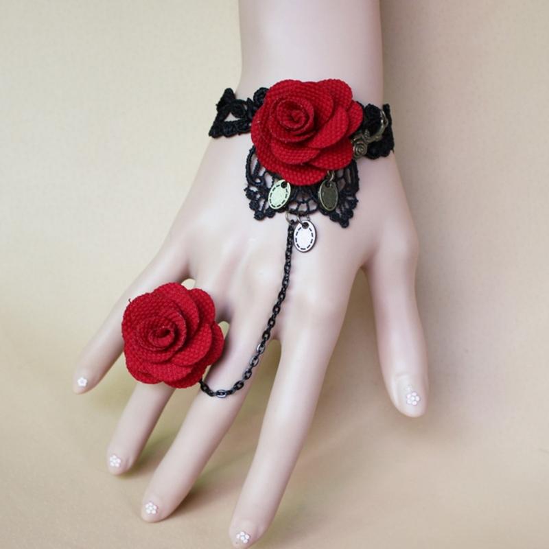 Rose Lace Hand Chain Ring Bracelet Chain Tassel Coins Finger Bracelet Sweet Hand Jewelry for Women and Girls Gifts