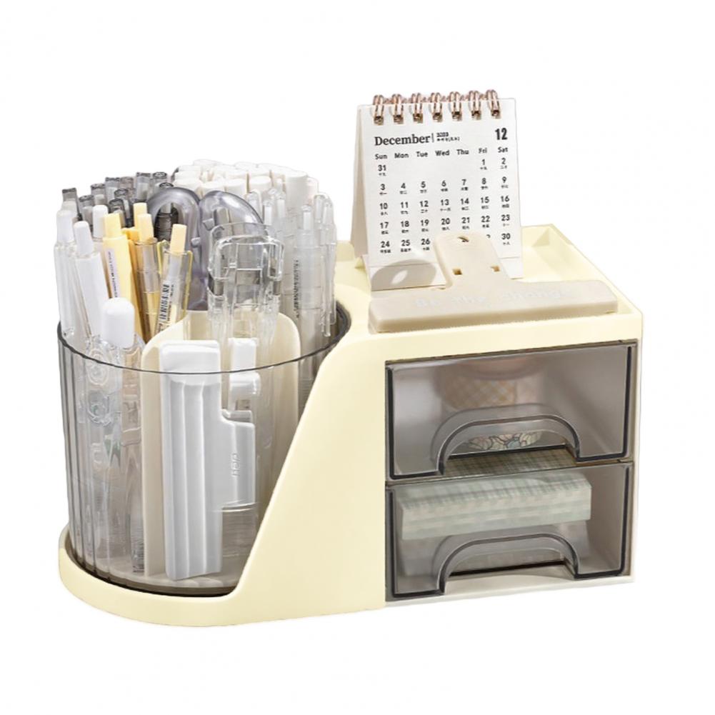 Storage Rack Swivel Pencil Holder 360 Degree Rotating Desk Organizer with 4 Compartments Drawers Plastic Stationery Organizer