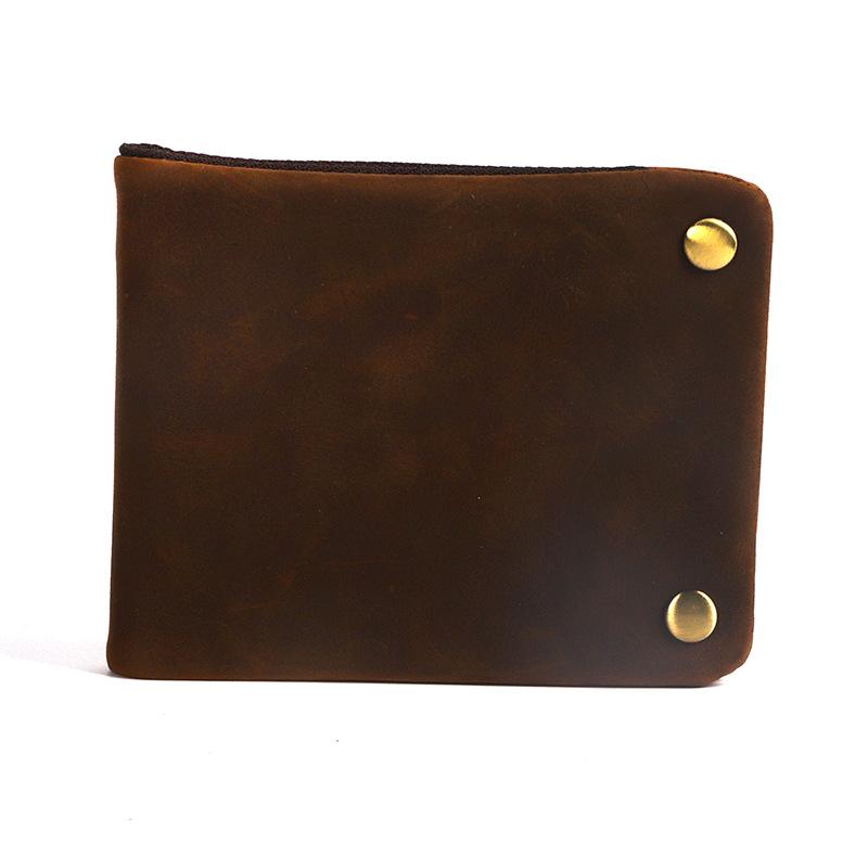 Crazy Horse Leather Men's Wallet Horizontal Leather Short Wallet Inner and Outer Head Layer Leather Buckle Leather Wallet Silver Bag