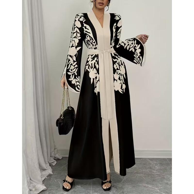 

Женское платье с принтом, длинными рукавами, V-образным вырезом и цветовым сочетанием 2XL чёрный