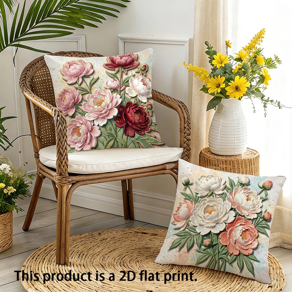 1pc Vintage Peony Floral Throw Pillow Covers 2D Flat Printed Decorative Cushion Cases for Home Sofa Bedroom Living Room