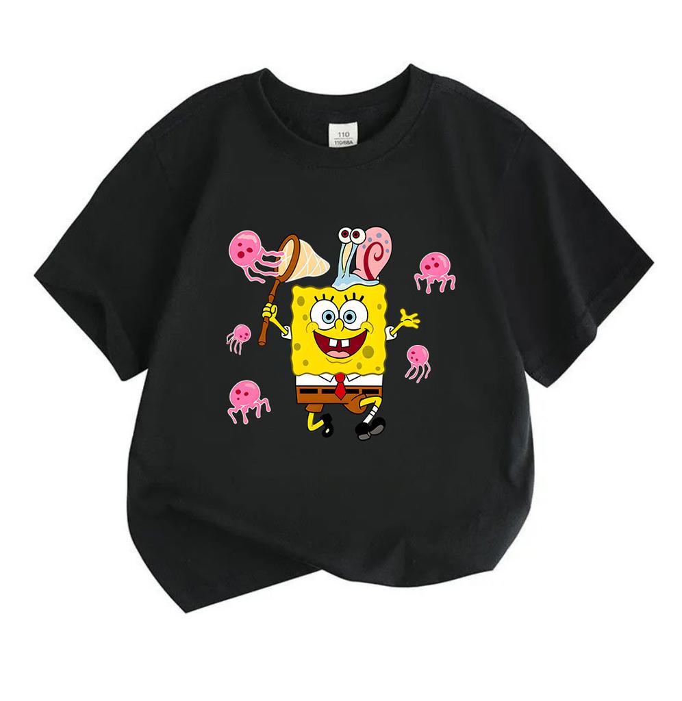 Kids Boys Girls 100% Cotton Crew Neck Short Sleeve T-Shirt, Cute Cartoon Sea Sponge Pet Snail Jellyfish Print Casual Summer Tee Tops for Children