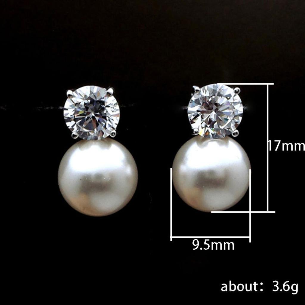 Four Prong Round Clear Stone Top White Pearl Drop Stud Earrings Classic Two Part Dangle Earrings for Women Daily Wedding Jewelry