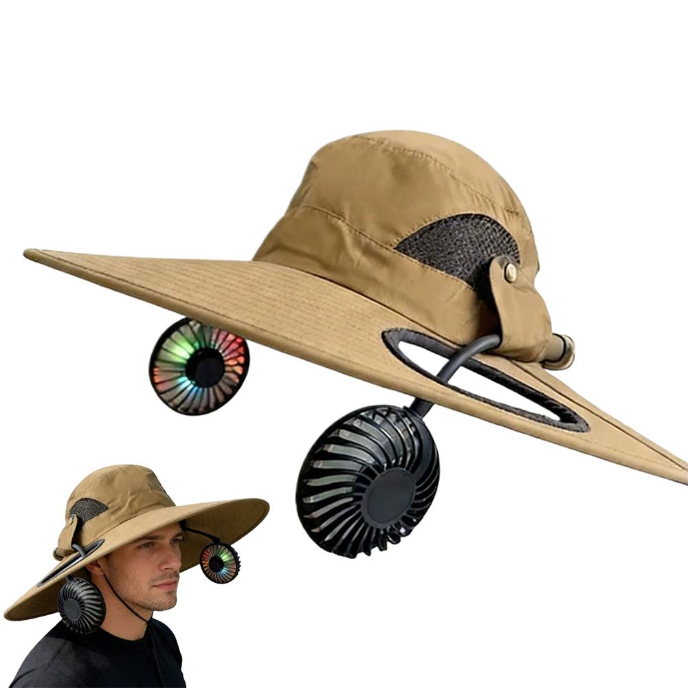 Summer Mens Wide Brim Solar Fan Hat Outdoor Protection Sun Hats With 2 Solar Fan Hiking Fishing Solar Powered Visor Cap Dropping