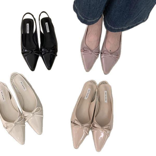 French temperament high-end bow patent leather pointed women's shoes spring 2025 new low-heeled shallow-mouth women's single shoes