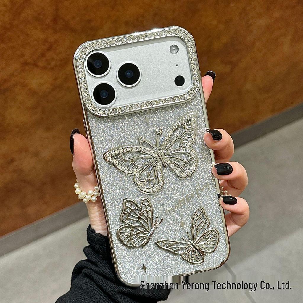 3D Shining Rhinestone Butterfly Case for iPhone 17 Pro Max Electroplated Glitter Protective Cover