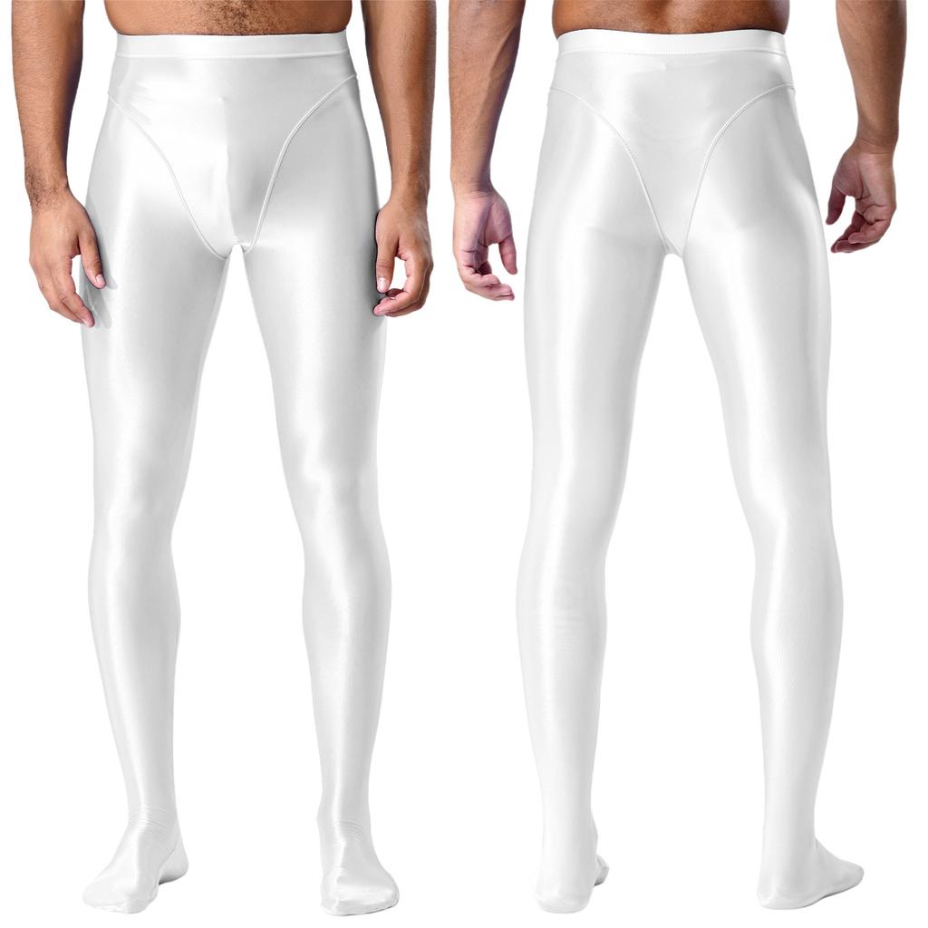 Męskie błyszczące legginsy o wyglądzie mokrej skóry Błyszczący elastyczny pas Wzór ze stopami Dopasowany krój Obcisłe spodnie-rajstopy