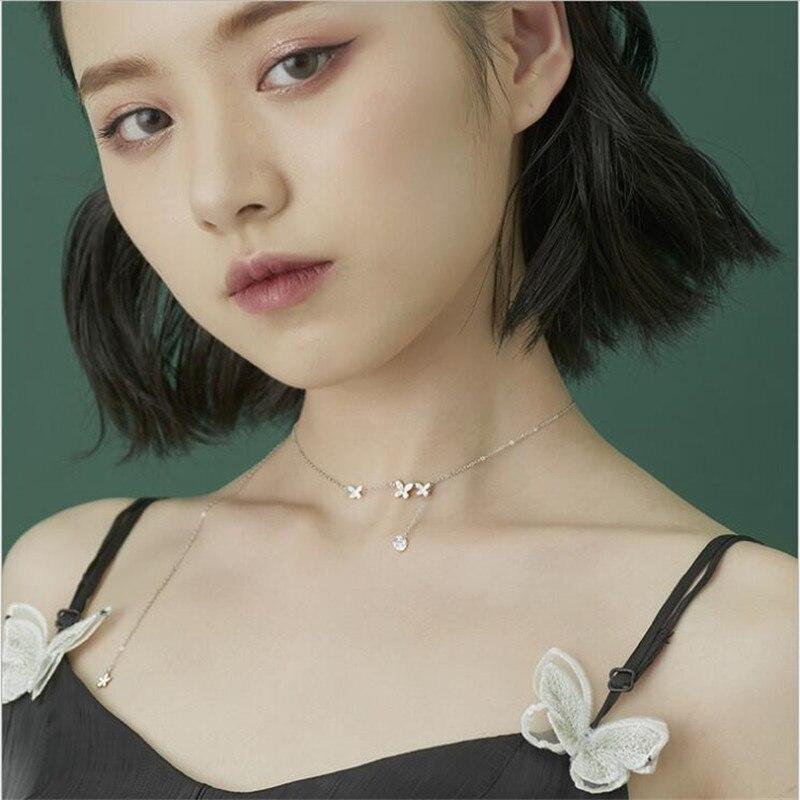 Fairy Style Mode 925 Sterling Silber Schmuck Halsband Schmetterling Blinkende Kristall Blume Schlüsselbein Kette Halsketten XL118