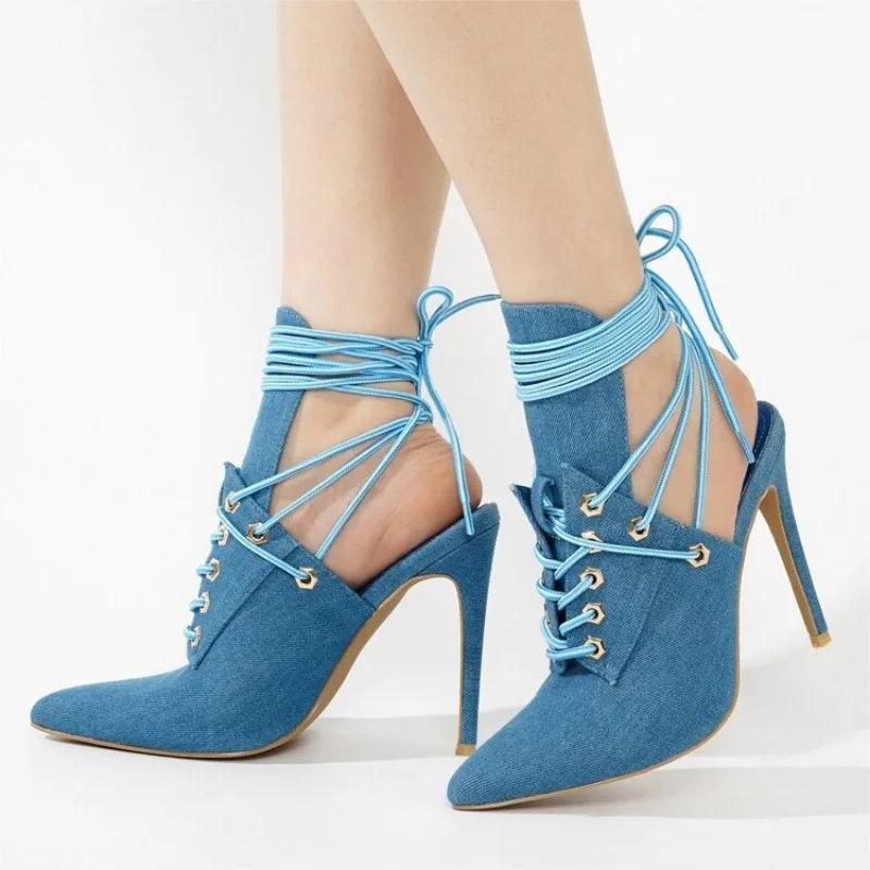 Fashion Fashion Blue Denim Cross Strap High Top Cool Boots European American Ankle Hollow Out Sexy Strap Pointed Party Sandals Size 43
