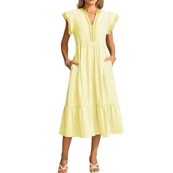 

Women s Striped Midi Dress Ruffle Cap Sleeve V Neck Swing Long Dress Summer Beach Vacation Flowy Sundress M