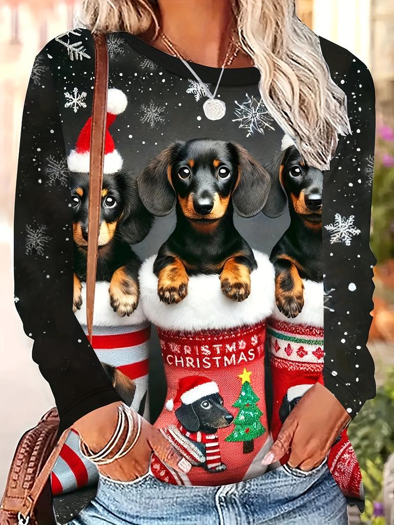 New European and American Christmas Fashionable round neck printed top Women's trendy T-shirt