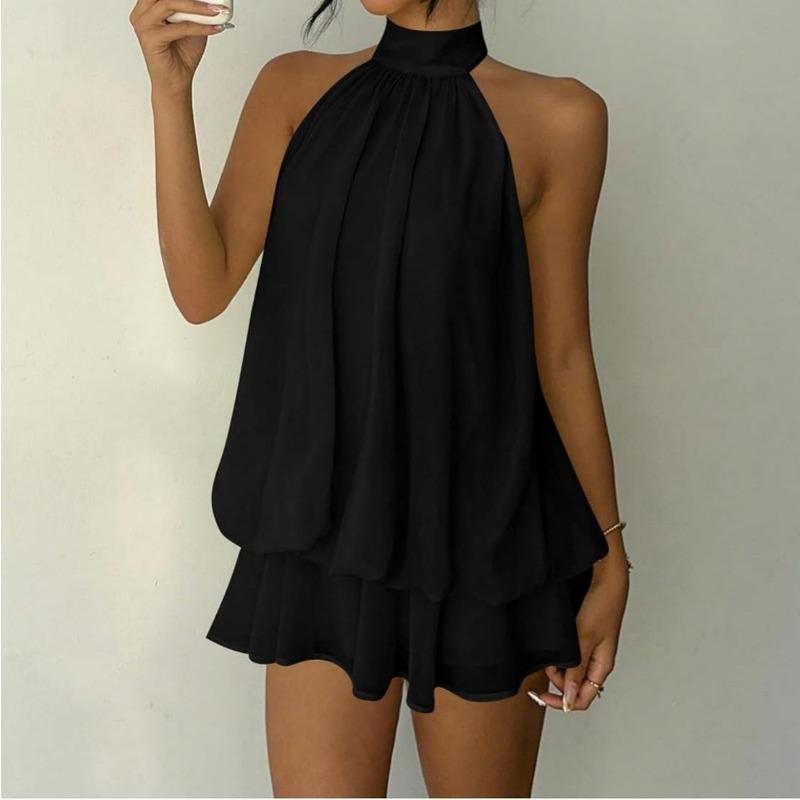 TIFICY Women s Fashion Summer Spring Solid Color Print Sleeveless Hanging Neck Loose Waistline Casual Dresses S чёрный