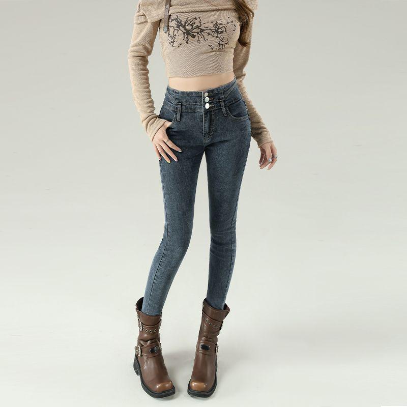 Damen Blaue-Graue High-Waist Schlankmachende Skinny Jeans mit Samtfutter