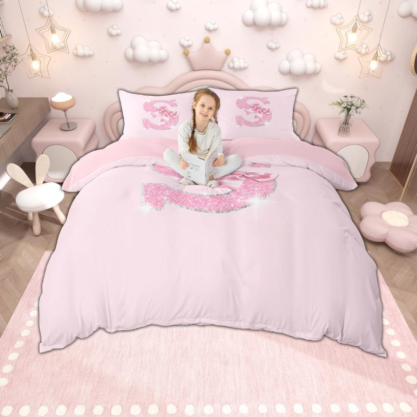 Homewish Personalized Initial Letter O to Z Duvet Cover Set, Dreamy Pink Bow Knot Bedding for Girls, Glitter Print Decor