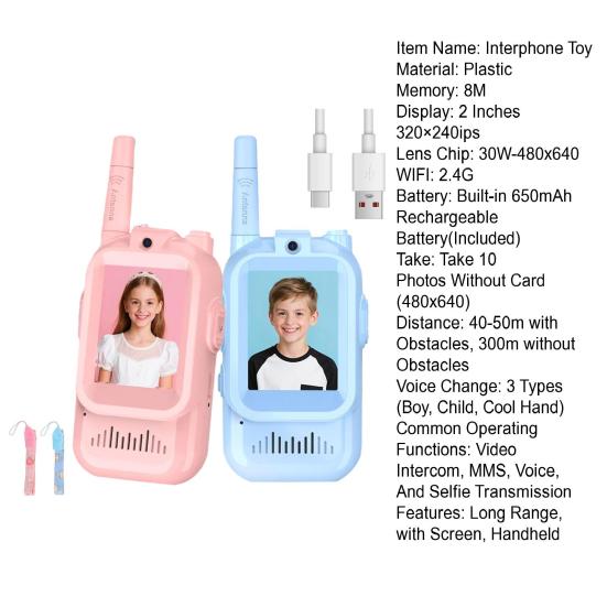 2Pcs Kids Video Interphone Toy with Voice Effects Long Range Screen Display Handheld Wireless Intercom Indoor Outdoor Boys Girls 2-Way Radio Toy