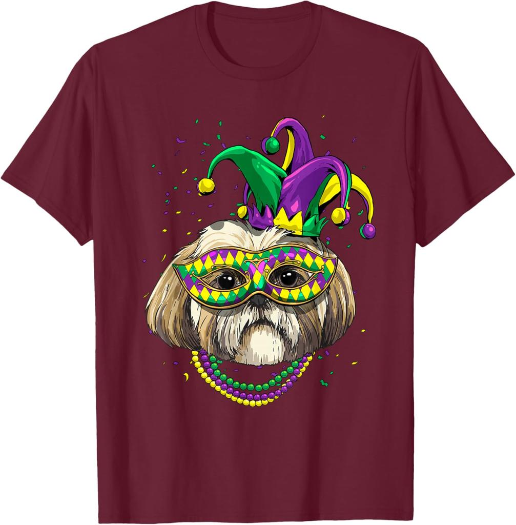Shih Tzu Mardi Gras  Dog Graphic Tee Breathable Cotton Casual T-Shirt for Dog Lovers
