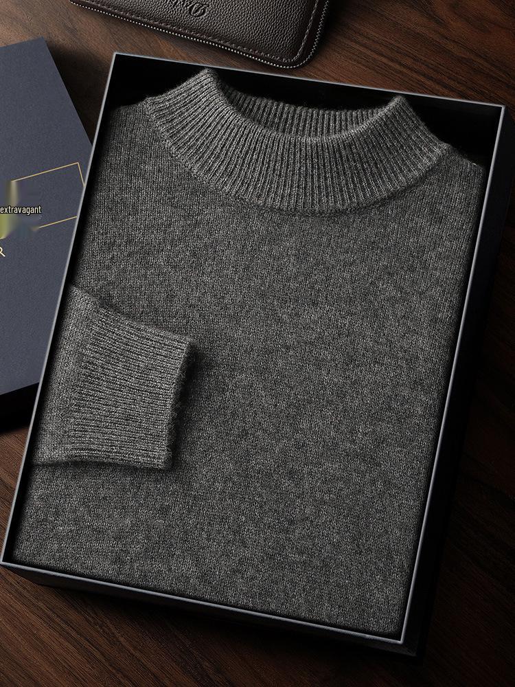 Men's Double-Thick Lamb Cashmere Sweater, Solid Color, Round Neck, Autumn/Winter Base Layer.