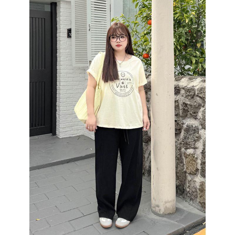 Plus size women clothing [Fashionable Walking Sweatpants] Three Pants Length Chubby Girl High Waist Straight Loose Wide Leg Casual Pants