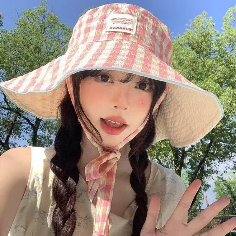 Double-sided Plaid Sunshade Fisherman Hat Summer Outdoor UV Protection Wide Brim Cap Lightweight for Beach Holiday