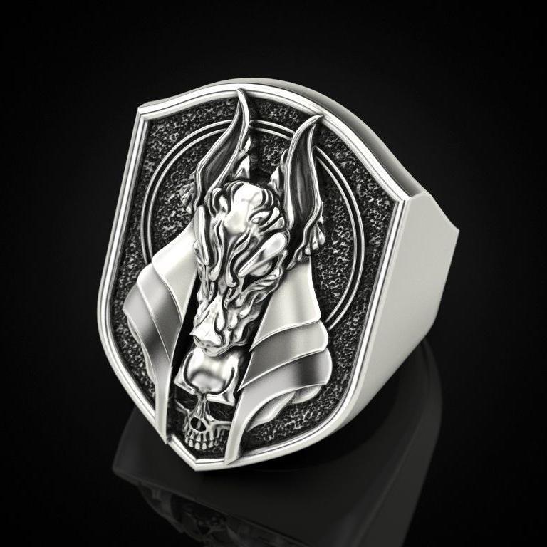 Zhenrong Anubis 18k Gold-Plated Men's Ring - Creative Ancient Egyptian Mythology Design with Jackal Head and Human Body.