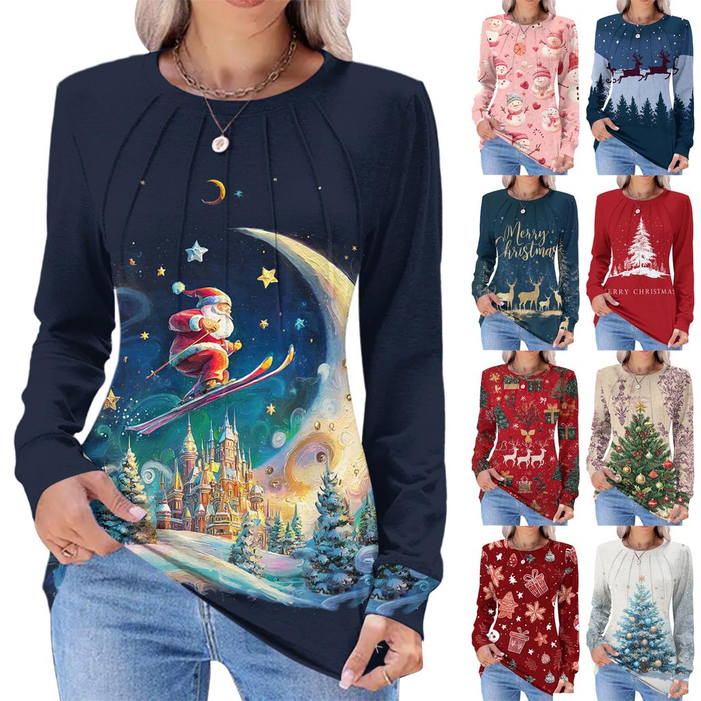 Women's Fashionable Casual Christmas Printed Pleated Comfortable Round Neck Loose Long Sleeve T-Shirt Top