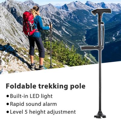 Gehstock aus Aluminiumlegierung mit Licht, Alarm, höhenverstellbar, rutschfest, leicht, Doppelgriff, faltbar, Outdoor-Trekkingstock