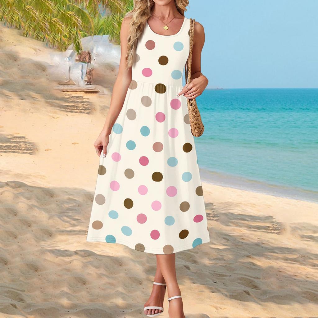 Women's Polka Dot Print Short Sleeve Midi Dress with Pockets for Beach Vacation and Casual Summer Wear