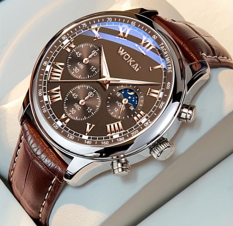 

Мужские кварцевые часы в простом стиле с кожаным ремешком темно-коричневого