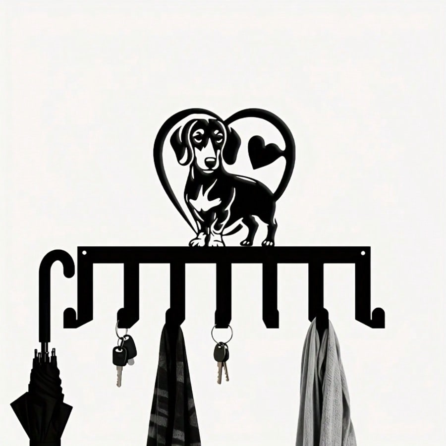 Modern Dog Heart Key Holder Metal Wall Art 7 Hooks Animal Lover Gift