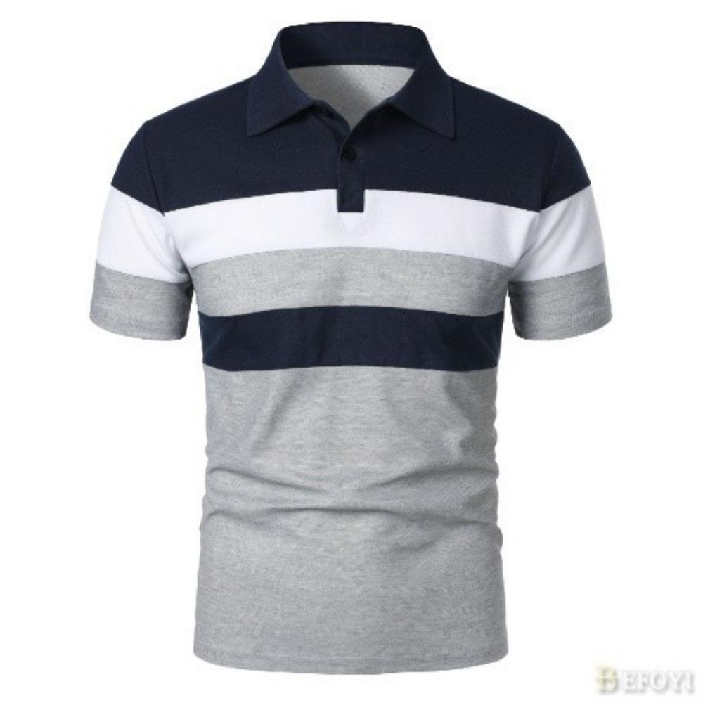 Men's Polo Shirt Short Sleeve Striped Casual Loose Color Block Fashion Collar Top