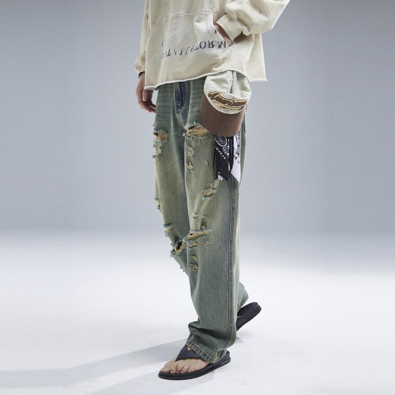 American High Street Ripped Jeans Boys Retro Old Loose Casual Trousers