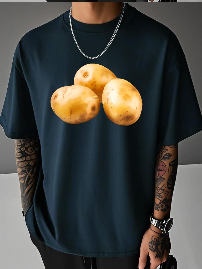 Unisex Summer White Short Sleeve Tee Realistic Three Potatoes Vegetable Graphic Crew Neck Loose Casual Male Daily Street Tops