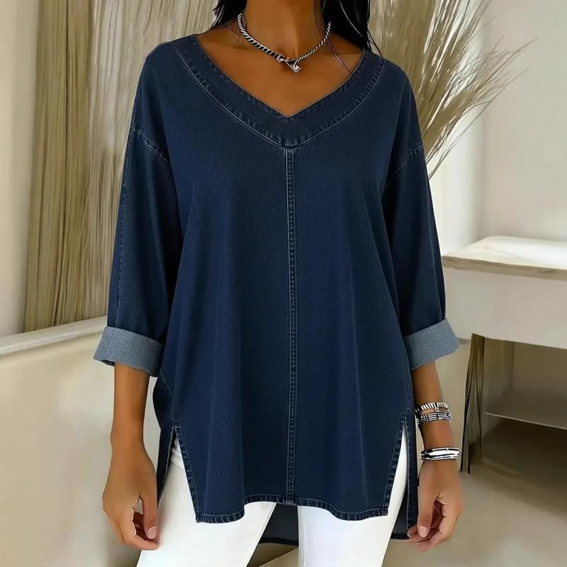 IHUASU Camicette e camicie da donna con scollo a V, maniche lunghe, stampa tinta unita casual alla moda