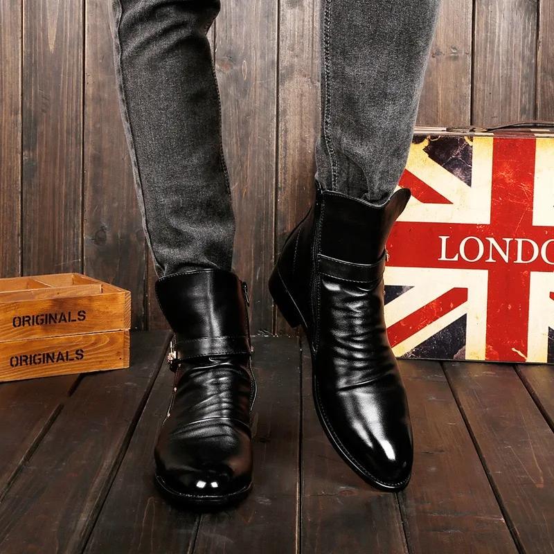 2025New Men's Boots Fashion Motorcycle Boots Luxury High-top Leather Boots for Men Business Pointed Short Boot Big Size45 Botas