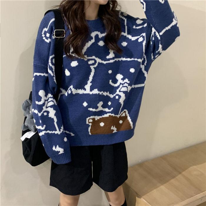 Autumn and Winter Lazy Wind Bear Sweater Women's Loose Pullover Jacket