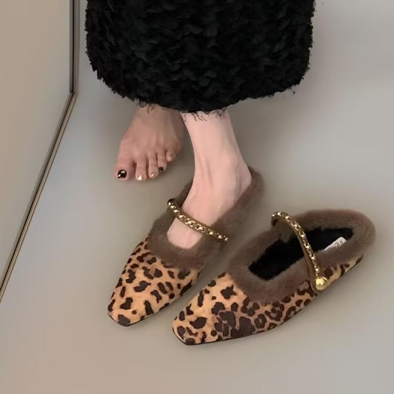 Leopardí dámské baleríny chlupaté pantofle ležérní žabky zimní nazouváky boty 2025 trend slingback krátký plyš móda mujer zapatos