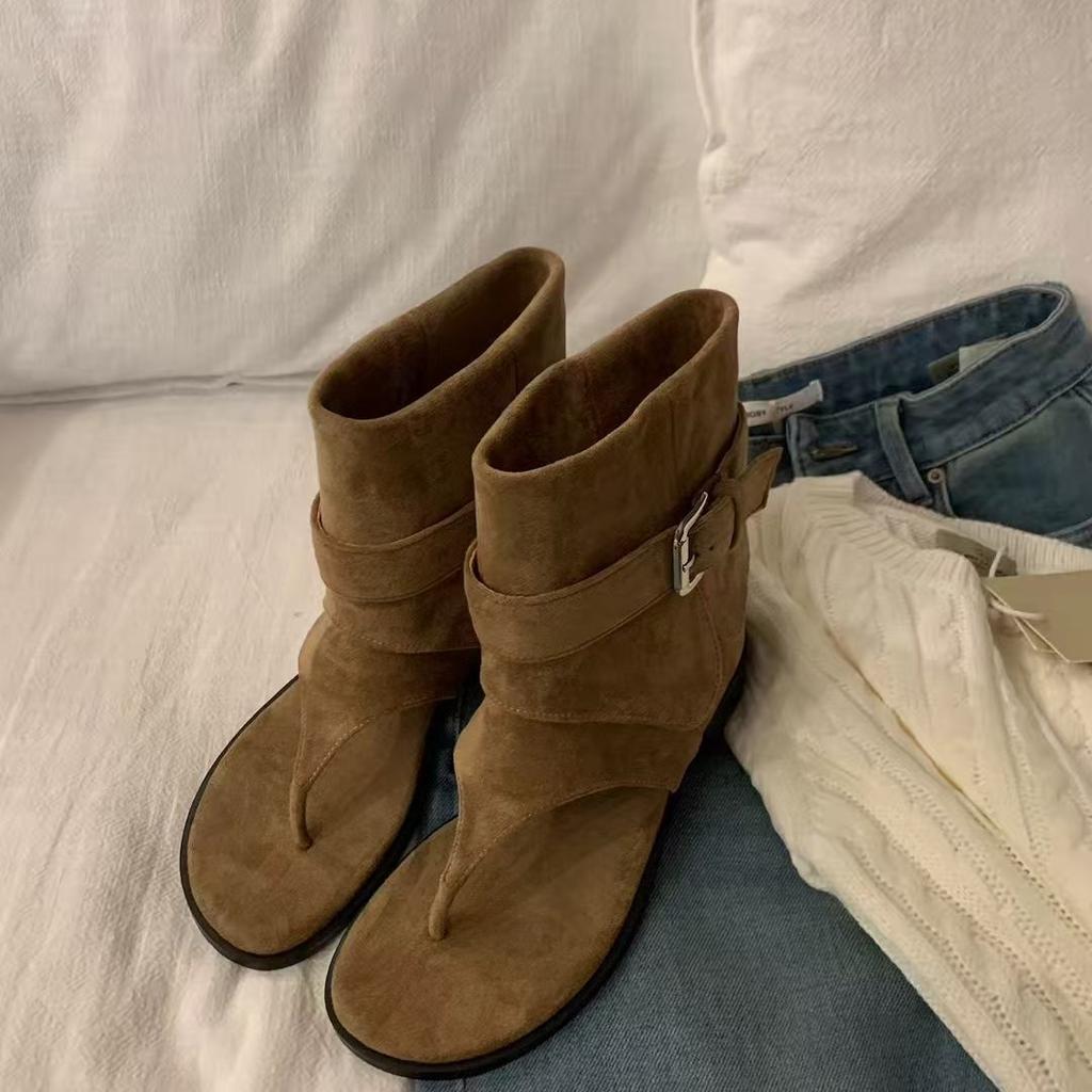 Pinch feet open-toed thick-heeled belt buckle sleeve 2025 new cool boots women's summer fashion daily versatile flat-bottomed short boots