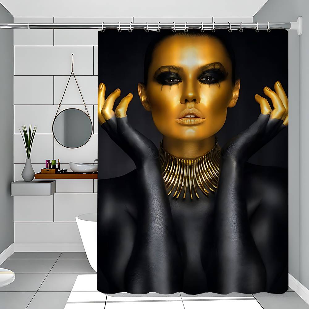 African Art Black And Gold Woman Oil Waterproof Polyester Shower Curtain Waterproof Bathroom Curtain Liners With 12 Hooks