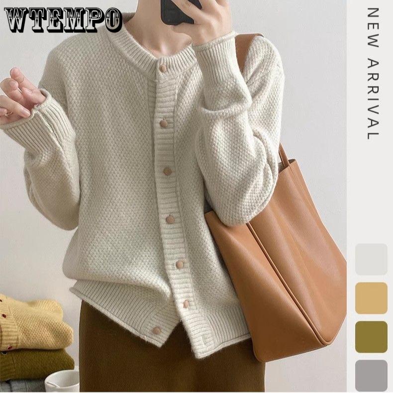 Lazy Style Round-neck Yellow Sweater Jacket for Women Spring and Autumn Knitted Cardigan Loose Solid Color Long-sleeved Casual Sweater Cardigan