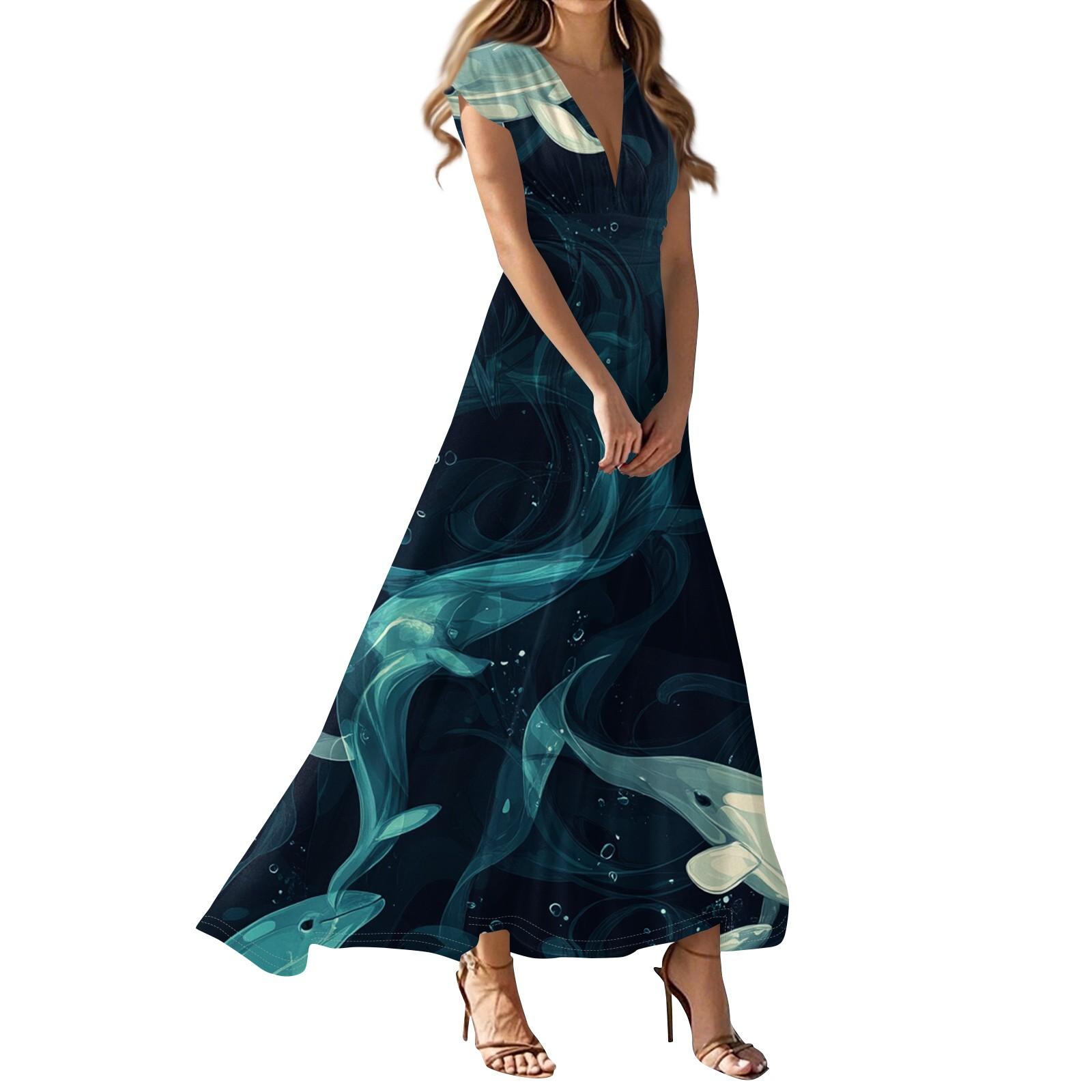 

Women s Summer Casual Fashion Beach Printed Dresses V-Neck Short Sleeve Dresses XL Темно-синій
