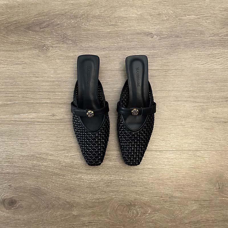 Fashion Hollow Woven Small Square Toe Flat Mules Shoes for Women Summer Slip on Casual and Breathable Roman Style Outdoor Half Slippers