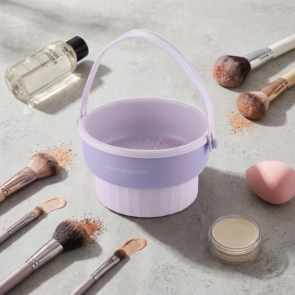 Makeup Brush Cleaning Bucket Portable with Built-in Silicone Scrubber Multi-Textured Surface TPR+PP Material for Beauty
